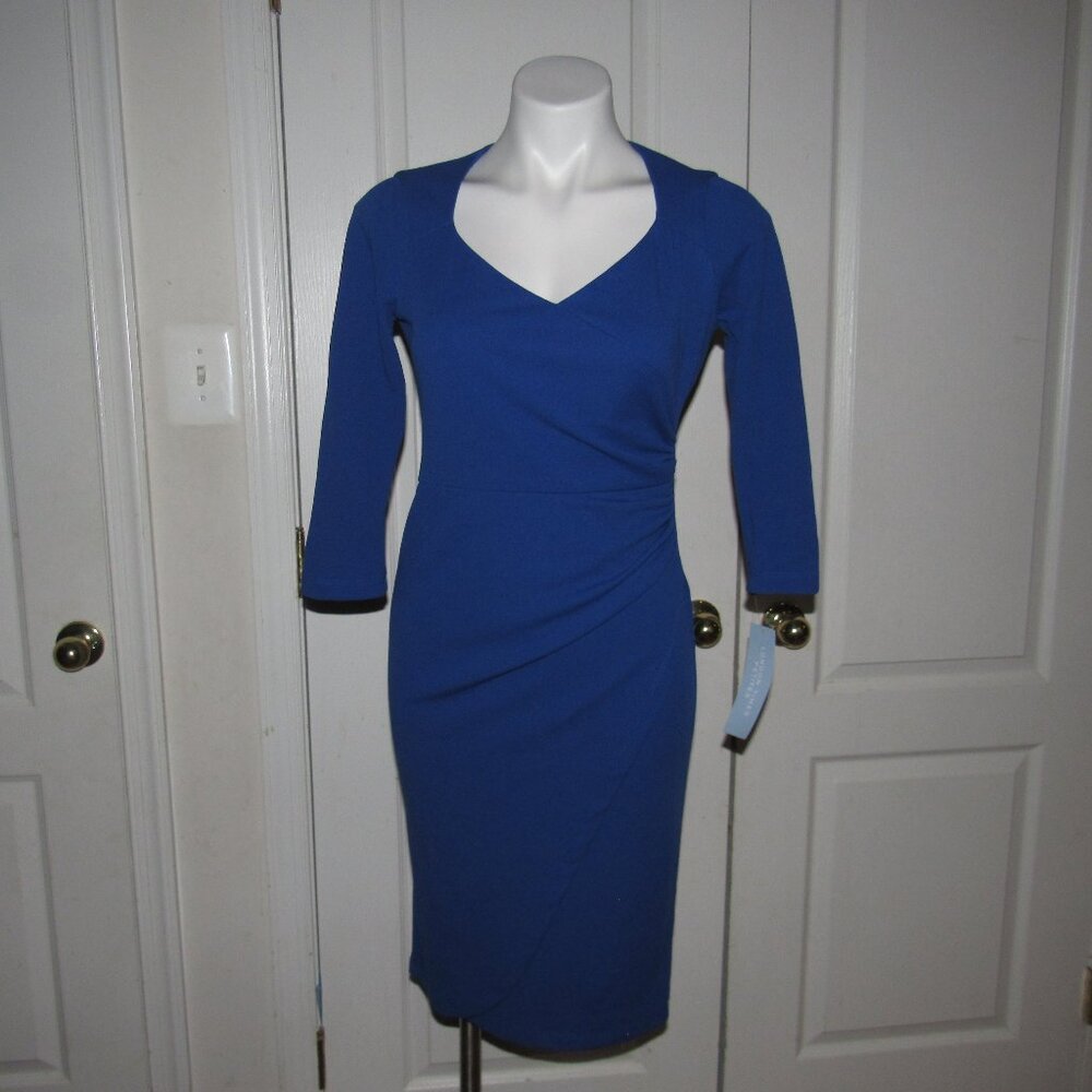 London Times Cobalt Blue Long-Sleeve Faux-Wrap Sheath Dress - Picture 2 of 10